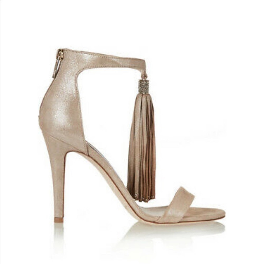 JIMMY CHOO Viola 110 Tan Suede Crystal Tassel High Heeled Sandals Size EU 37.5